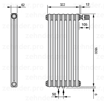 Схема (чертеж) Радиатор Zehnder Charleston 2180/7 №V008 Белый глянцевый RAL 9016